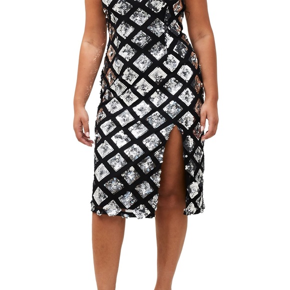 NWOT French Connection Black and Silver Geometric Sequin Dress - Picture 2 of 6